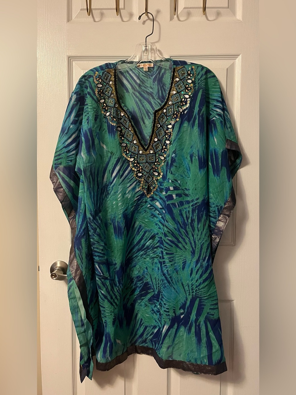 Embellished V-Neck Caftan in Teal & Navy
